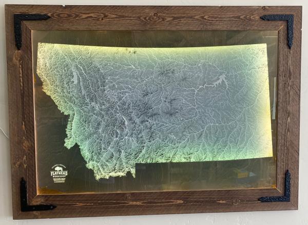 Illuminated Montana Hydrology Map - All Lakes and Rivers of Montana - Laser Engraved - Barn Wood Frame